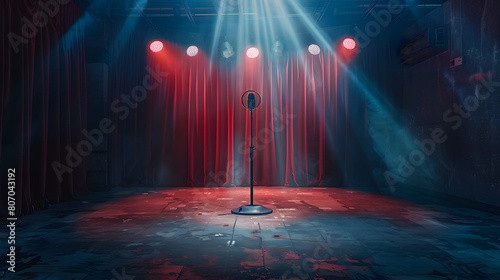 a stage with a red curtain as a background with a mic stand in the middle and spotlights for performing