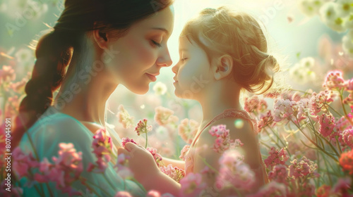 mother hugs her daughter in a beautiful blooming meadow with dewy wildflowers on a sunny day, banner