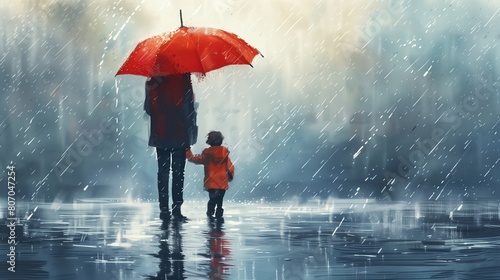 Tender Moments in Rain: Father and Child Under Red Umbrella amid Misty Blue Rainfall