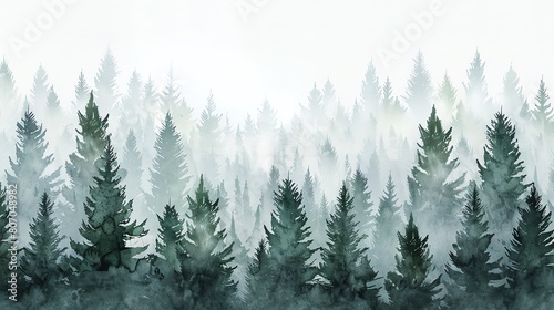 Illustrate the depth and texture of a pine forest with layers of overlapping treesWater color, hand drawing
