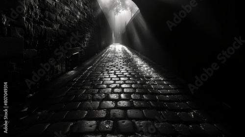 Black and white photo of a narrow, mysterious alleyway illuminated by light rays