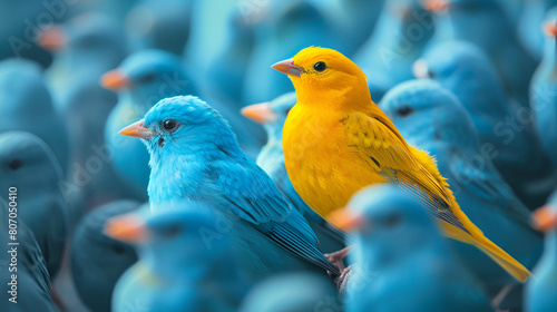 A vibrant yellow bird stands out in a crowd of bluebirds, generative Ai