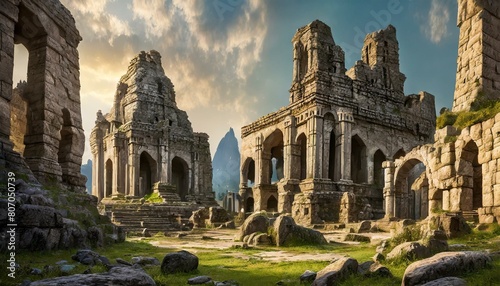  空想の世界で、朽ち果てた壮大な古代都市