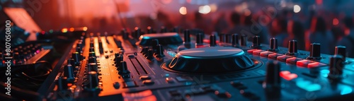 A DJ at a crowded nightclub mixes electronic dance music on a professional soundboard with a crowd in the background.