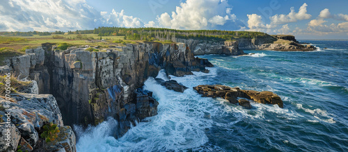 A breathtaking view of a rugged coastline, with cliffs plunging into the sea and waves crashing against the rocks below, the high-resolution image capturing the power and beauty of the ocean
