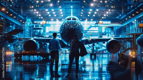 silhouette An aircraft maintenance engineer looking at a wide-body aircraft in a hangar. investors and technician are standing in talks about aviation industry ideas Digital aircraft industry 