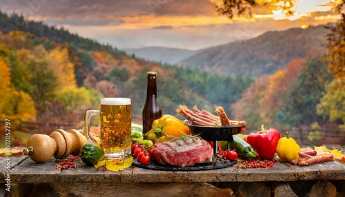 厚い肉とカラフルな野菜のBBQとビールが並ぶ、秋の景色
