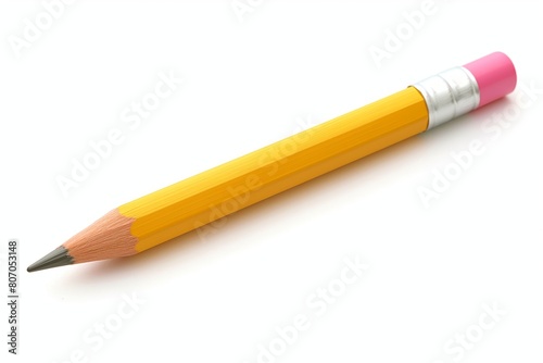 Single sharpened yellow pencil with pink eraser, isolated on white with a soft shadow