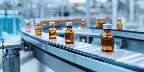 Pharmaceutical Manufacturing Process: Automated Production of Medicine Bottles, Healthcare Industry, Factory Conveyor, Glass Vials, Liquid Medication