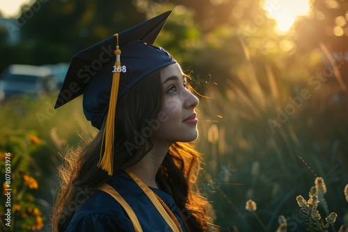 Graduate woman in cap and gown at sunset, contemplating future prospects with a hopeful expression, set against a natural backdrop.