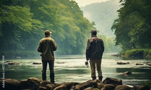 Two men friends fishing Flyfishing angler makes cast standing in river water