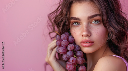 cute girl holding a single ripe grape on pink background.