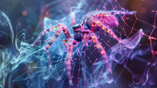 neon-lit spider spinning its web, with tendrils of smoke curling around its delicate silk threads, adding an ethereal and enchanting quality to the intricate structure