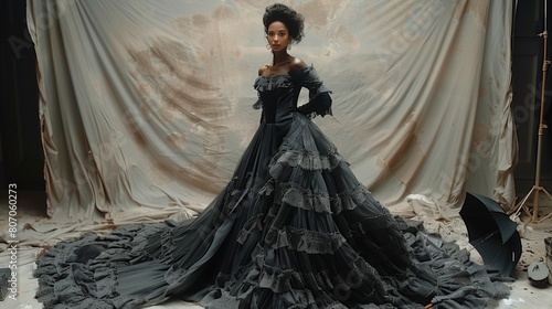 Model in dramatic black Victorian gown with voluminous ruffles