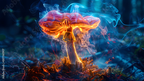 neon-lit mushroom rising from the forest floor, with tendrils of smoke curling around its cap and gills, creating an otherworldly and magical atmosphere