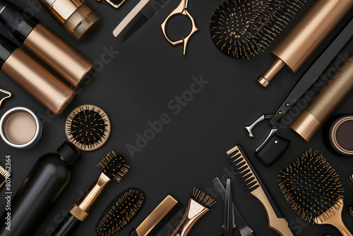 flat lay composition of professional hairdressing tools and equipment on black background,