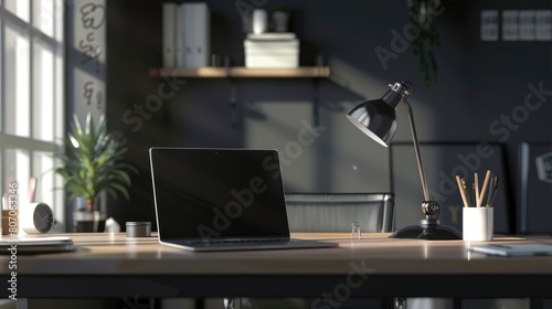 Modern Private Office Interior Featuring A Laptop, Table Lamp, Stationery, And Office Supplies, Background HD For Designer 