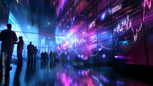 3D visualization of trading floor data with traders monitoring stock fluctuations. Concept Financial analytics, Data visualization, Stock market trends, Trading floor technology, Market fluctuations