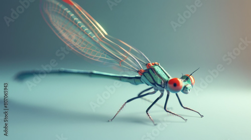 Digital illustration of a vividly colored dragonfly with translucent wings poised against a soft blue gradient.