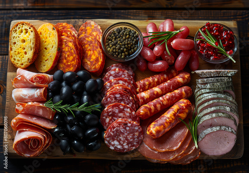 A wooden tray with a variety of meats and vegetables, including olives, grapes, and bread