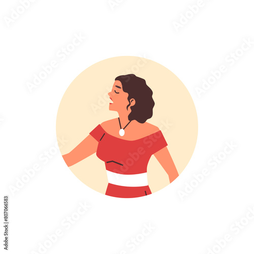 Vector illustration of a singer in red dress performing a cappella on a white background
