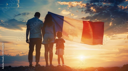 Patriotic Family Holding French Flag at Sunset