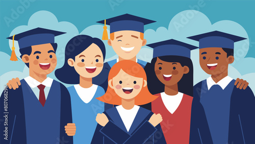 A group of graduates smiling and laughing as they take a group photo knowing they wont have to worry about loan repayments.. Vector illustration