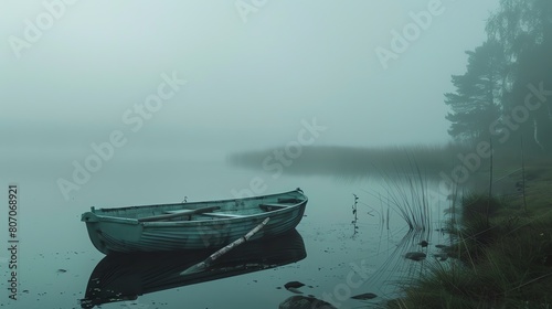 A wooden rowboat sits calmly in a still lake on a foggy morning. The only sound is the gentle lapping of the waves against the boat.