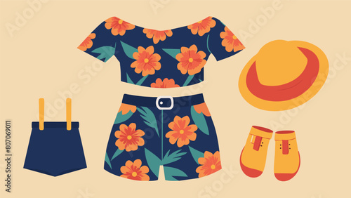 An offtheshoulder top in a bold floral print paired with highwaisted shorts and a floppy sun hat perfect for a summer picnic in the park.. Vector illustration