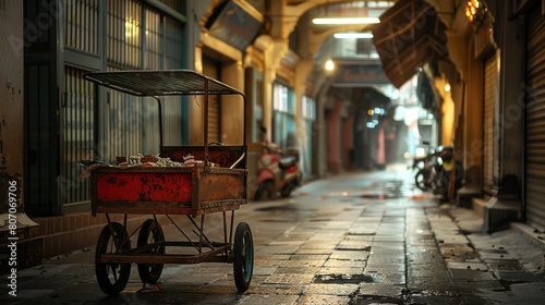 An empty street with a red cart in the foreground. The street is lit by a few lights and the buildings are mostly closed.