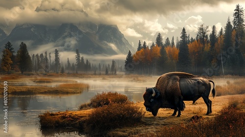 This image shows a bison standing in a field of grass near a river. The background is a mountain range, with trees in the foreground.