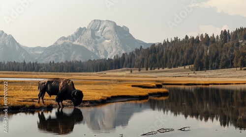 This image shows a bison standing in a river in front of a mountain range. The bison is drinking from the river and is surrounded by tall grass.