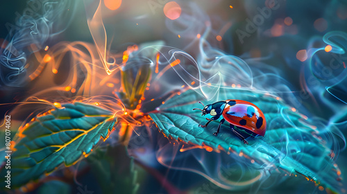 neon-lit ladybug crawling on a leaf, with tendrils of smoke swirling around its tiny form, creating a dreamlike and enchanting atmosphere