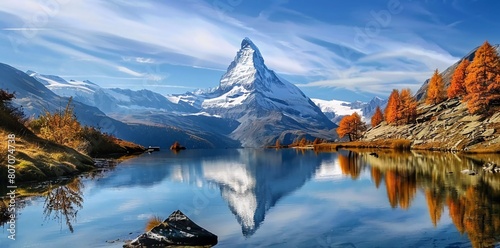 Fantastic views of the Stellisee lake with the Matterhorn spire or Cervino peak. Switzerland, Europe.