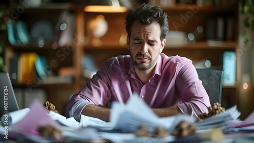Stressed man surrounded by cluttered desk and crumpled papers during tax season. Concept Tax Season, Cluttered Desk, Stressed Man, Crumpled Papers, Work Stress