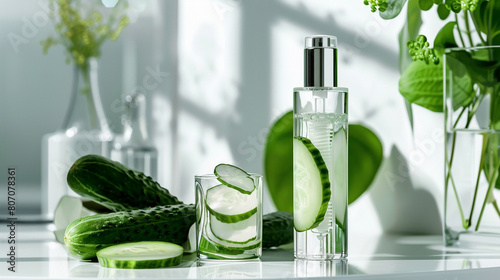 A futuristic representation of advanced skin care technologies infused with cucumber extracts, symbolizing innovation and progress in the beauty industry,