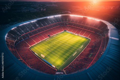 Aerial top view of a soccer football field stadium