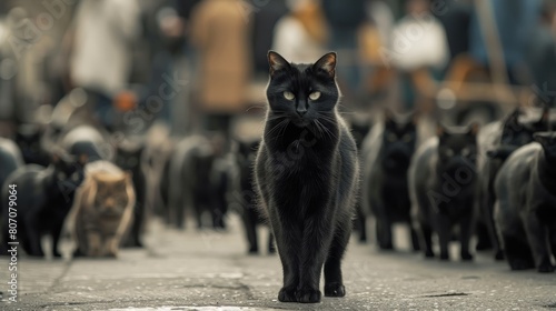 Striking portrait of a lone black cat standing proud in a crowded scene, embodying the power of uniqueness and the audacity to lead