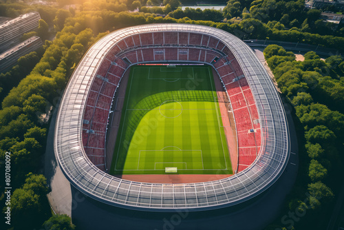 Aerial top view of a soccer football field stadium