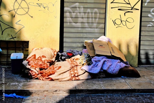 Personal items of homeless person at the entrance of an old building in Athens, Greece, September 17 2010.