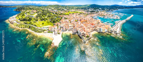 Saint Tropez village fortress and landscape aerial panoramic view, famous tourist destination on Cote d Azur