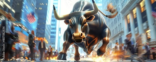 A bull in a suit charging through a virtual financial stock market floor, its hooves sparking against the metallic ground, traders stepping aside in awe