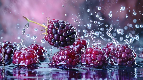 A cluster of blackberries hitting the water, droplets scattering like jewels, against a dark pastel backdrop