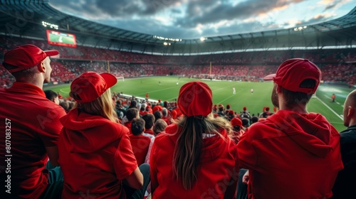 Group of fans dressed in red color watching a sports event