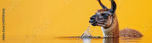 A llama spitting into a pond out of curiosity, causing ripples and splashes, set against a pastel yellow background