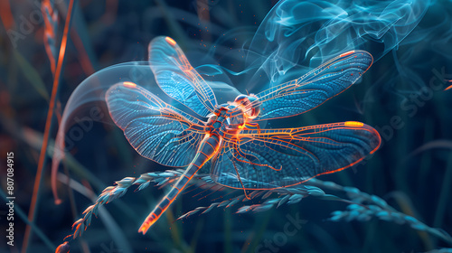 neon-lit dragonfly resting on a reed, with tendrils of smoke curling around its translucent wings, adding an element of mystery and magic to the delicate insect