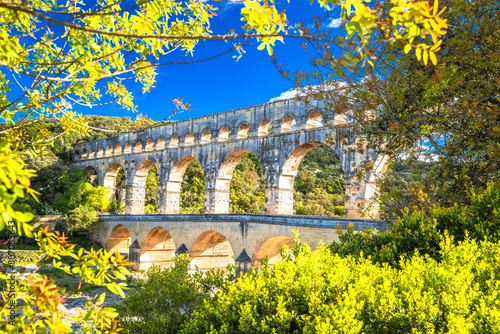 The Pont du Gard ancient Roman aqueduct bridge built in the first century AD to carry water to Nîmes. It crosses the river Gardon