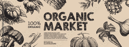 Organic Market. Engraved vegetable set. Hand drawn fresh veggies. Engraving onion, mushroom, cabbage, artichoke, tomato isolated on white background. Vector illustration. Fresh farm cuisine kitchen. 