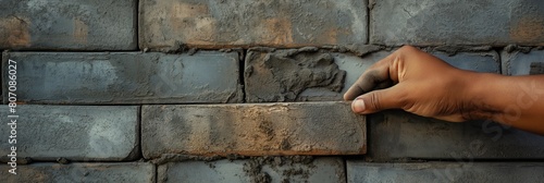 A close-up of a laborer's hand carefully placing a brick on a mortar bed, bricklaying at a construction site