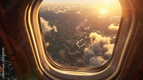 Breathtaking view of town and cloudless sundown sky behind window of aircraft during flight